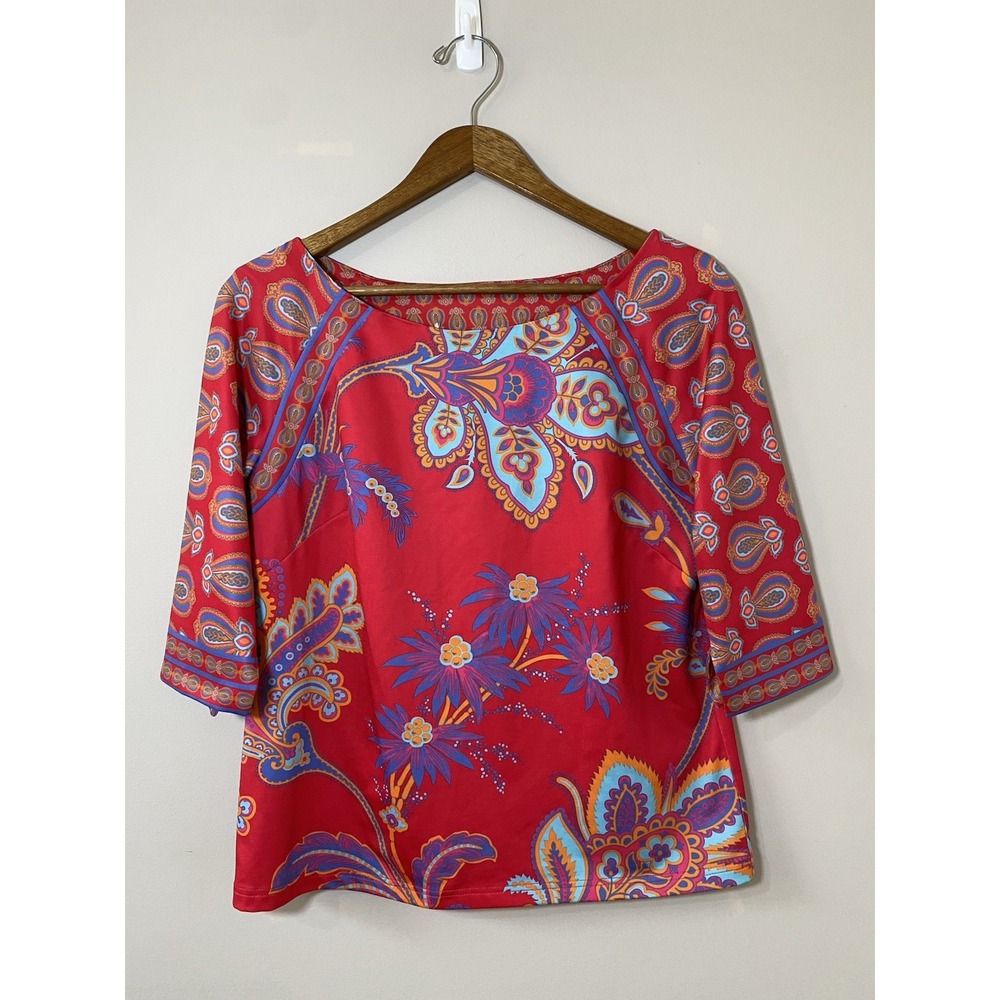 Gretchen‎ Scott Top Women's SMALL Red Paisley Floral 3/4 Sleeve Boatneck Blouse